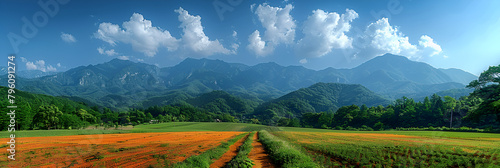 landscape with mountains and sky,
View of field and arch Kumano Kodo Pilgrimage Ro photo