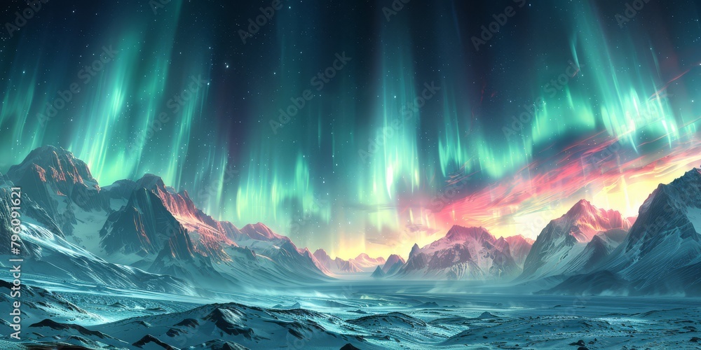 Calming aurora borealis shimmers across a glacial landscape of undulating ridges 