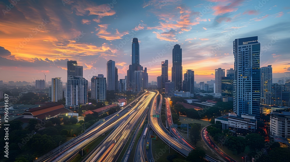 Vibrant skyline with light-traced highways, illuminated by street and building lights, under a mix of blue-orange skies, portraying motion through long exposure