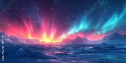 Calming aurora borealis shimmers across a glacial landscape of undulating ridges 