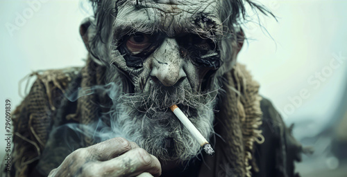 Health crime: old man engulfed in cigarette smoke 