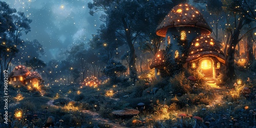 Meandering meadow brook lined with whimsical toadstool houses and fairy pixie villages photo