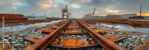 railway bridge in the evening,
Dockyard railway tracks and cargo cranes Felixst photo