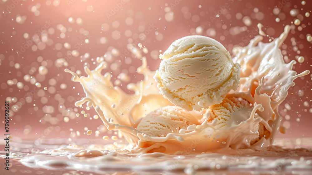 Creamy vanilla ice cream balls, splash. Creamy vanilla ice cream balls, splash.