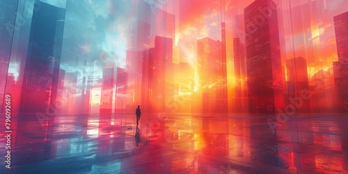 Ever-shifting fractal cityscape with kaleidoscopic  low-poly skyscrapers refracting into new forms