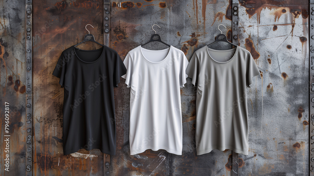 Naklejka premium Mockup of clothes collections for an advertisement, poster, or promotion. Three basic white, grey, and black t-shirt are displayed on a rustic metal background.