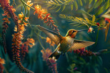 Curious Hummingbirds Feeding on Nectar Curious hummingbirds hovering near vibrant flowers their iridescent feathers shimmering in the sunlight as they delicately sip nectar with their slender beaks.