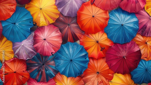 Photo pattern background of evenly, spaced umbrellas in various vibrant colours © Tawassul