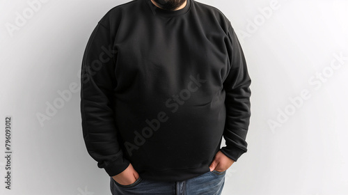 Mockup of clothes worn by a model. Close up of full upper body part from hip to neck on plain background. A plus size man wearing a basic black sweater on a plain white background. photo