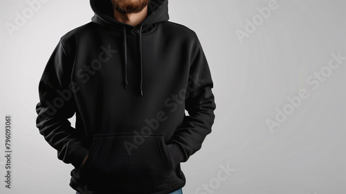 Mockup of clothes worn by a model. Close up of full upper body part from hip to neck on plain background. A man wearing a basic black hoodie on a plain light grey background. photo