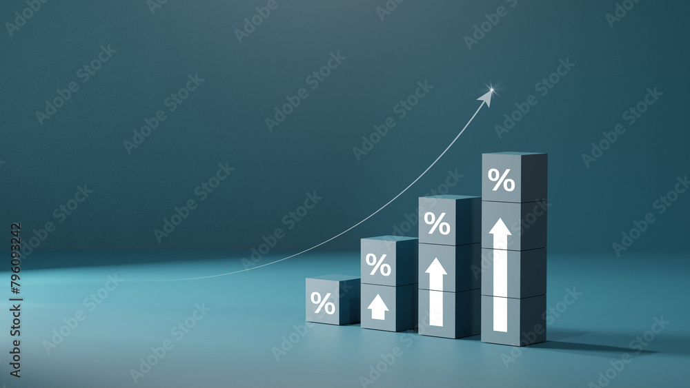 Percentages Rising Wooden blocks with percentage signs showing an upward trend, concept of ...