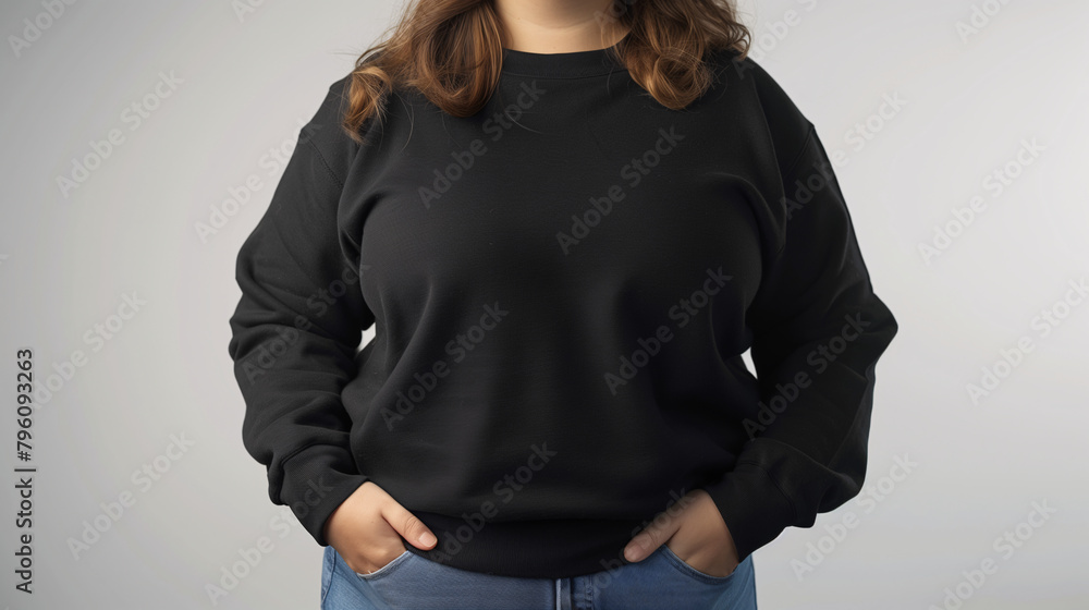 Mockup of clothes worn by a model. Close up of full upper body part from hip to neck on plain background. A plus size woman wearing a basic black sweater on a plain light grey background. Mockup of clothes worn by a model. Close up of full upper body part from hip to neck on plain background. A plus size woman wearing a basic black sweater on a plain light grey background.