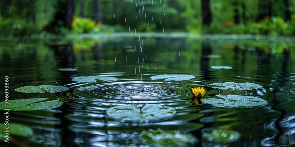 Fototapeta premium Hypnotic lake with lily pad rings emanating soothing ripple patterns across still waters