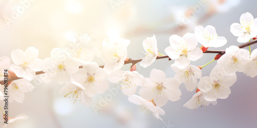 A branch of cherry blossoms with the sun shining on it Nature Beauty background 