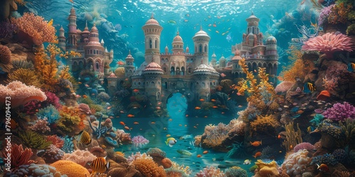 Magical underwater castle with coral turrets and schools of tropical fish greeting smiling merfolk photo