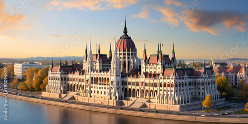 Hungarian Parliament building in Budapest Hungary at sunset Travel background Beautiful building of Parliament in Budapest popular travel destination
 photo