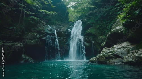 A large waterfall cascades down through lush green forest  surrounded by towering trees and rocky cliffs. The water plunges into a pool below  creating mist and roar.