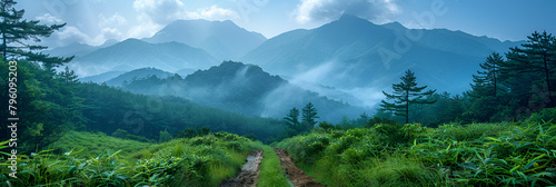 panorama of the mountains,
View of field and arch Kumano Kodo Pilgrimage Ro  photo