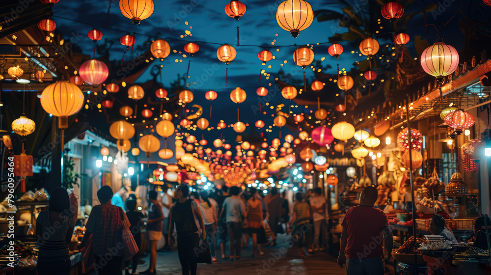 Fireworks night market, bustling and colorful, neon glow, food stalls, crowds of people, traditional lanterns, vibrant atmosphere. Generative AI.