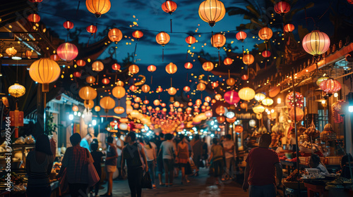 Fireworks night market, bustling and colorful, neon glow, food stalls, crowds of people, traditional lanterns, vibrant atmosphere. Generative AI. photo