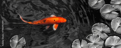 A beautiful orange koi fish swims gracefully through a dark pond with lily pads. photo