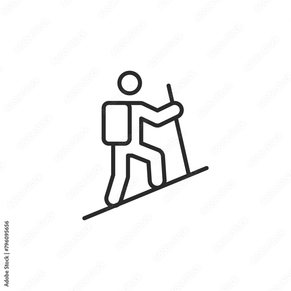 Hiking icon. Simple illustration of a hiker with a backpack using a walking stick on a slope, representing adventure and outdoor activities. A great symbol for apps. Vector illustration 