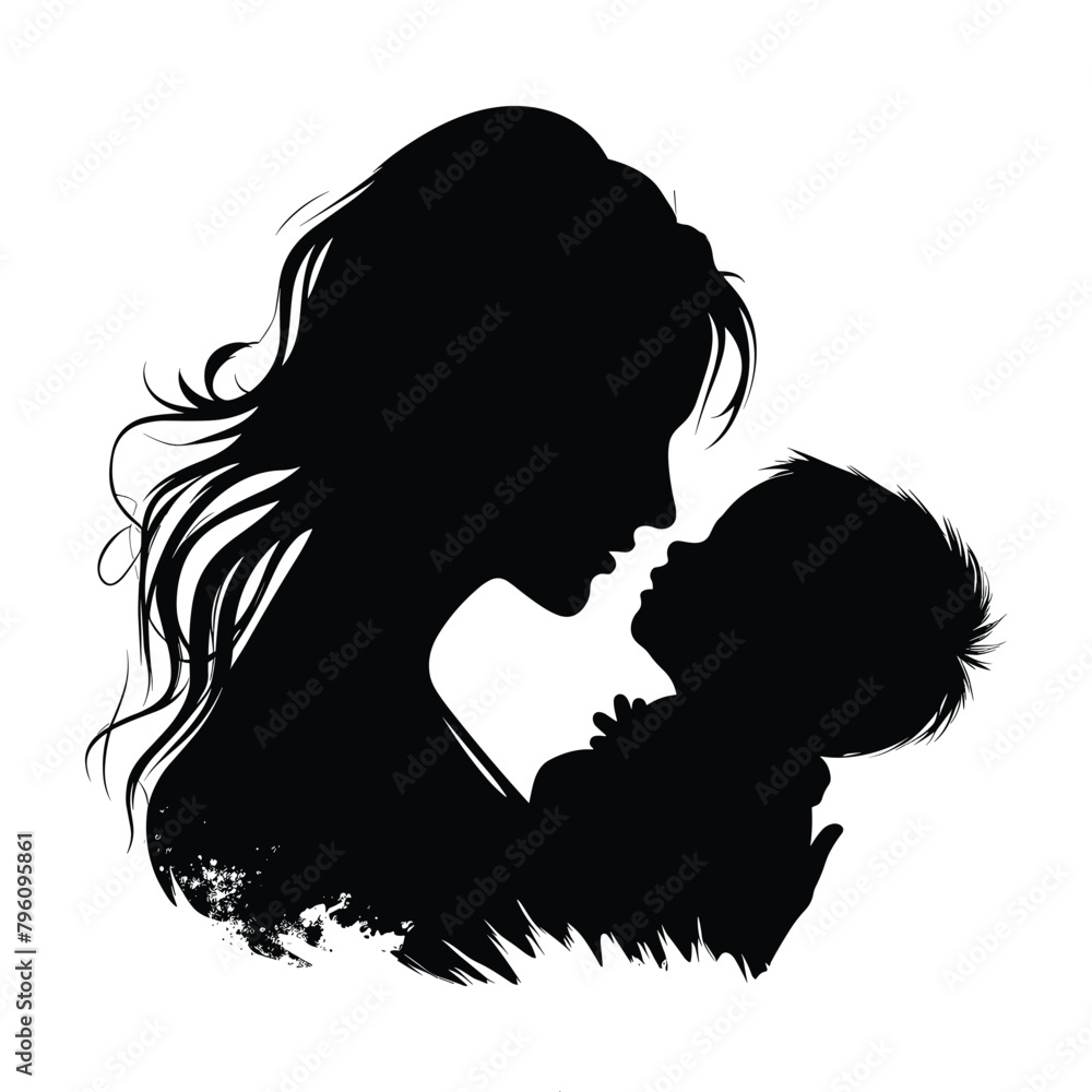 Mom and son, mother and son black silhouette.
