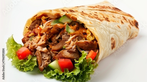 A mouthwatering shawarma, loaded with flavorful ingredients, isolated on a pristine white background. The shawarma's succulent meat, fresh vegetables, and savory sauces are beautifully presented