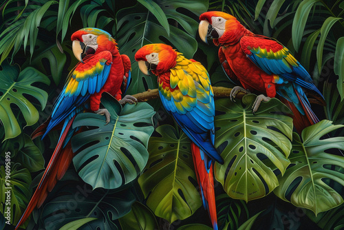 Colorful Macaws in Rainforest Canopy Vibrant macaws perched amidst lush green foliage in a rainforest canopy their brilliant plumage and playful antics adding 
