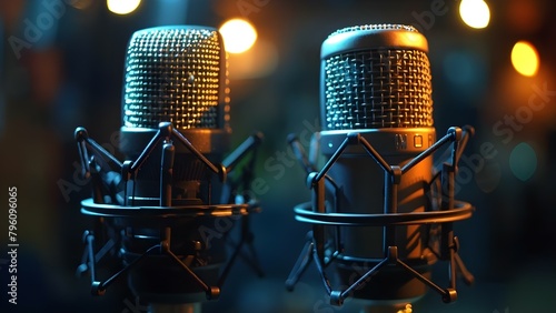 Two microphones in a dark room for podcasting or interviews. Concept Podcasting Setup, Interview Environment, Professional Studio, Dual Microphone Setup