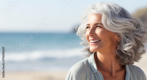 Portrait of a smiling woman wrapped in a blanket on the beach