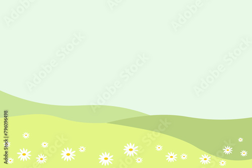 Banner with sunlit meadow with daisy flowers, cartoon landscape. Vector Illustration of summer or spring background for text. Template for design, backdrop, print, paper, card, flyer