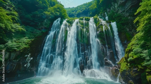 A large waterfall cascades down rocky cliffs in the heart of a lush forest. The rushing water creates mist and a thundering sound as it flows into a pool below  surrounded by tall trees and greenery.