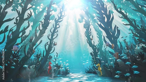 beautiful underwater forest paper cut template with towering. seamless looping overlay 4k virtual video animation background photo