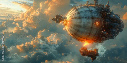 Steampunk hot air balloon with whimsical gizmos and gadgets, drifting through a cloudy dreamscape 