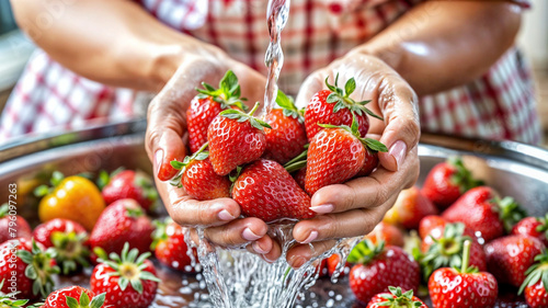 hands wash strawberries