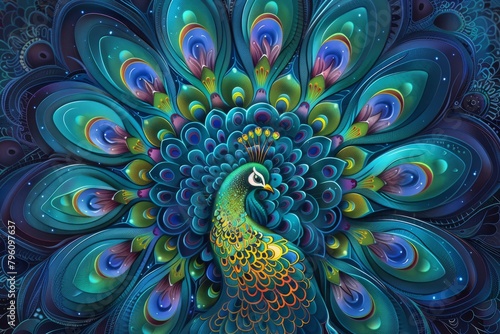 Mandala Melody: A Dance of Peacock Colors Illustration
