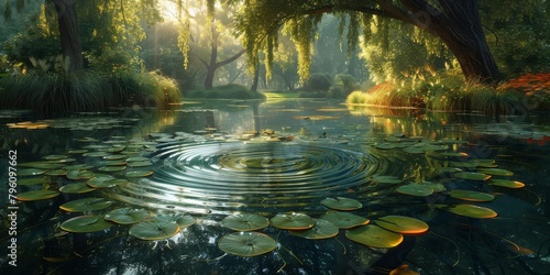 Tranquil lake with lilypads radiating hypnotic ripple patterns, willow tree gently swaying  photo
