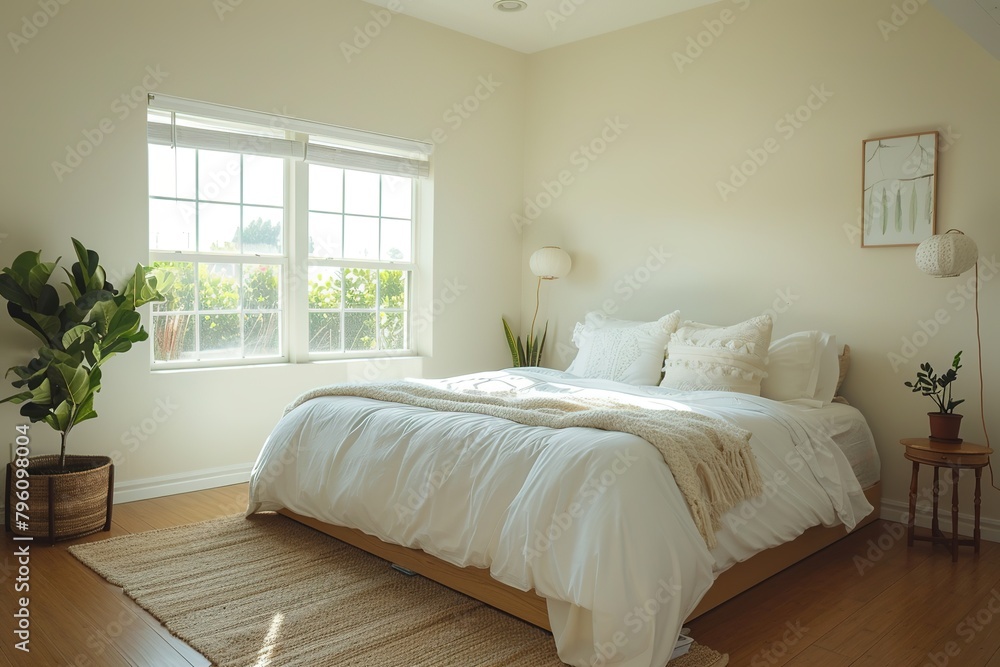 Fototapeta premium A serene bedroom with a large window that allows for plenty of natural light.