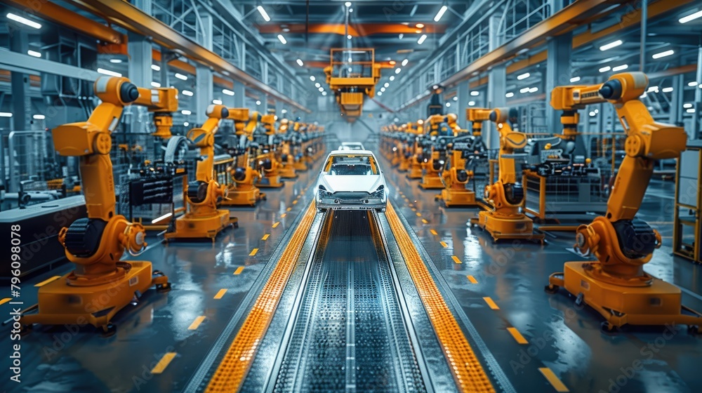 An expansive factory floor bustling with machinery, assembling automotive parts. The intricate dance of manual and automated processes under the bright industrial lights. Generative AI.