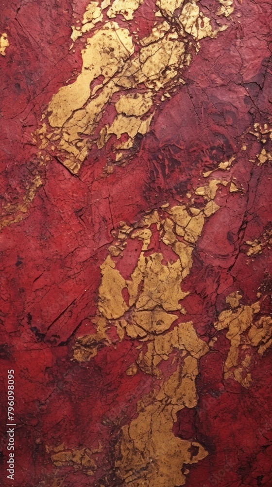 Crimson-gold painting rough wall.