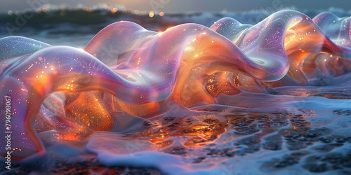 Fluid organic sculptures twisting into mesmerizing loops, formed from iridescent soap bubbles