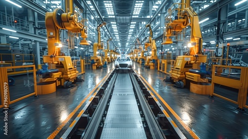 An expansive factory floor bustling with machinery  assembling automotive parts. The intricate dance of manual and automated processes under the bright industrial lights. Generative AI.