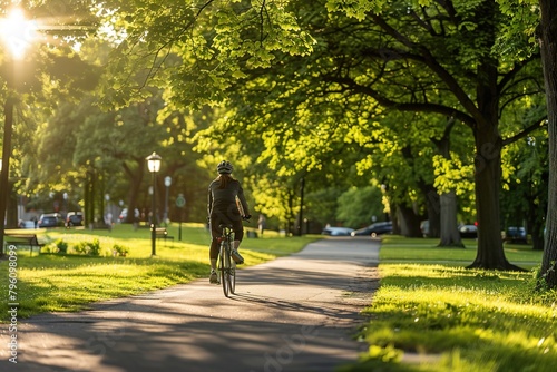 Cyclist enjoying a ride in a sunlit park with lush green trees. © Larisa