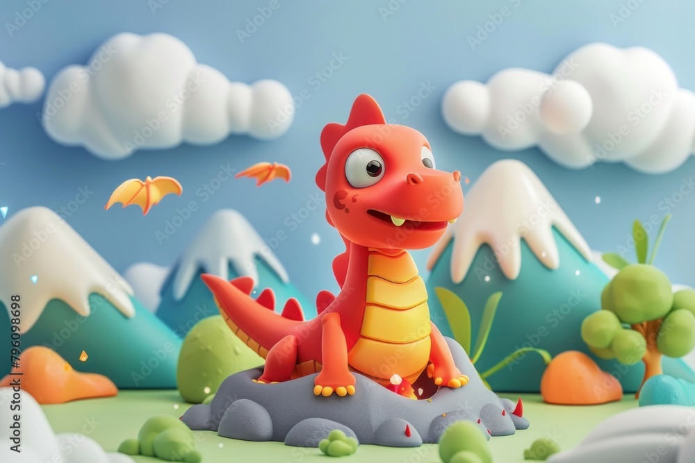 Obraz premium Cute dragon and volcano fantasy background cartoon representation creativity.