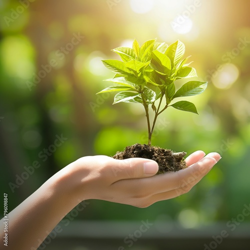 Green Environmental Ecosystem Protection Concept, Tree Sprout Planting Forest Background photo