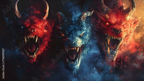 Facing Four Angry Monster Heads with Horns and Fangs in a Nightmarish Landscape. Concept Monster Heads, Nightmarish Landscape, Fearful Encounter, Horns and Fangs, Dark Fantasy photo