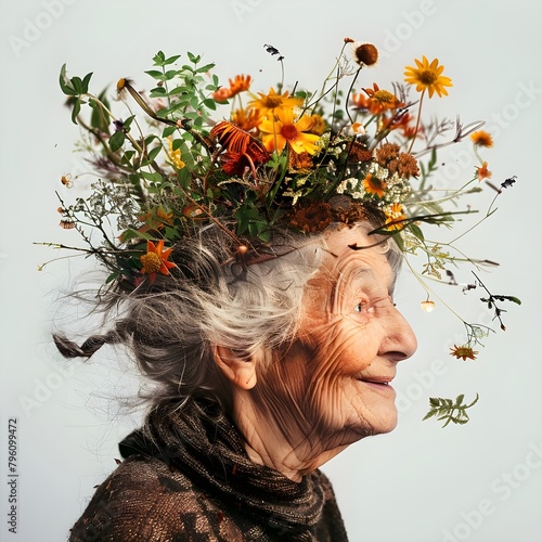 portrait of a woman with flowers, A seniour women with hand made flowers crown on her head  photo