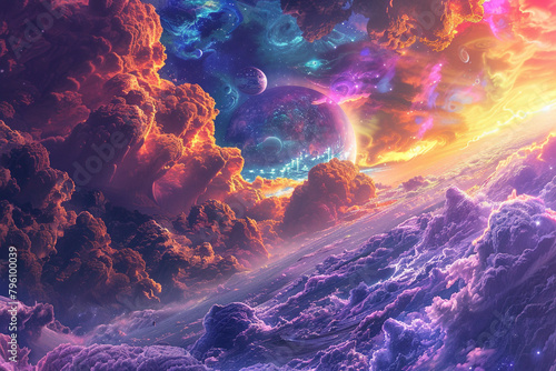 Interstellar expedition discovering a planet with redundant life forms from peeping yaks to jellyfish in antimatter oceans under a vibrant nebula sky photo
