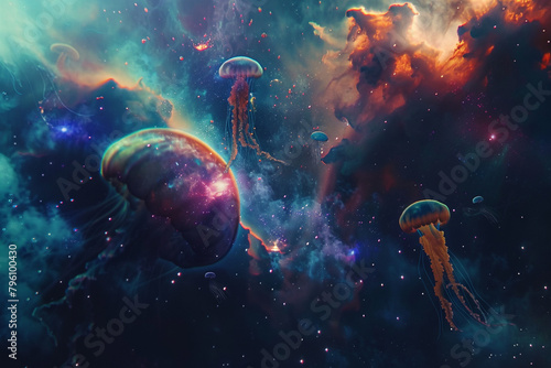 Interstellar scene with extraterrestrial lifeforms quantum fields nebula backdrop and cosmic jellyfish floating amid galactic wonders 